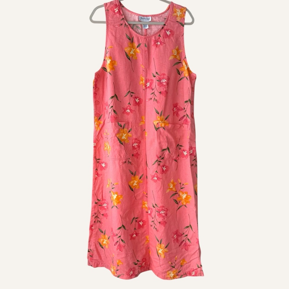 Westbound Vintage Pink Yellow Floral Linen Blend Sleeveless Midi‎ Dress Size L